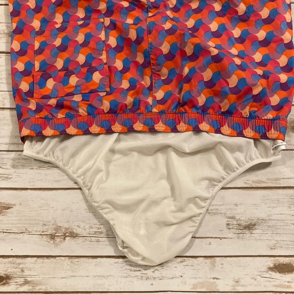 Psycho Bunny Orange Red Blue Geometric Swim Trunks